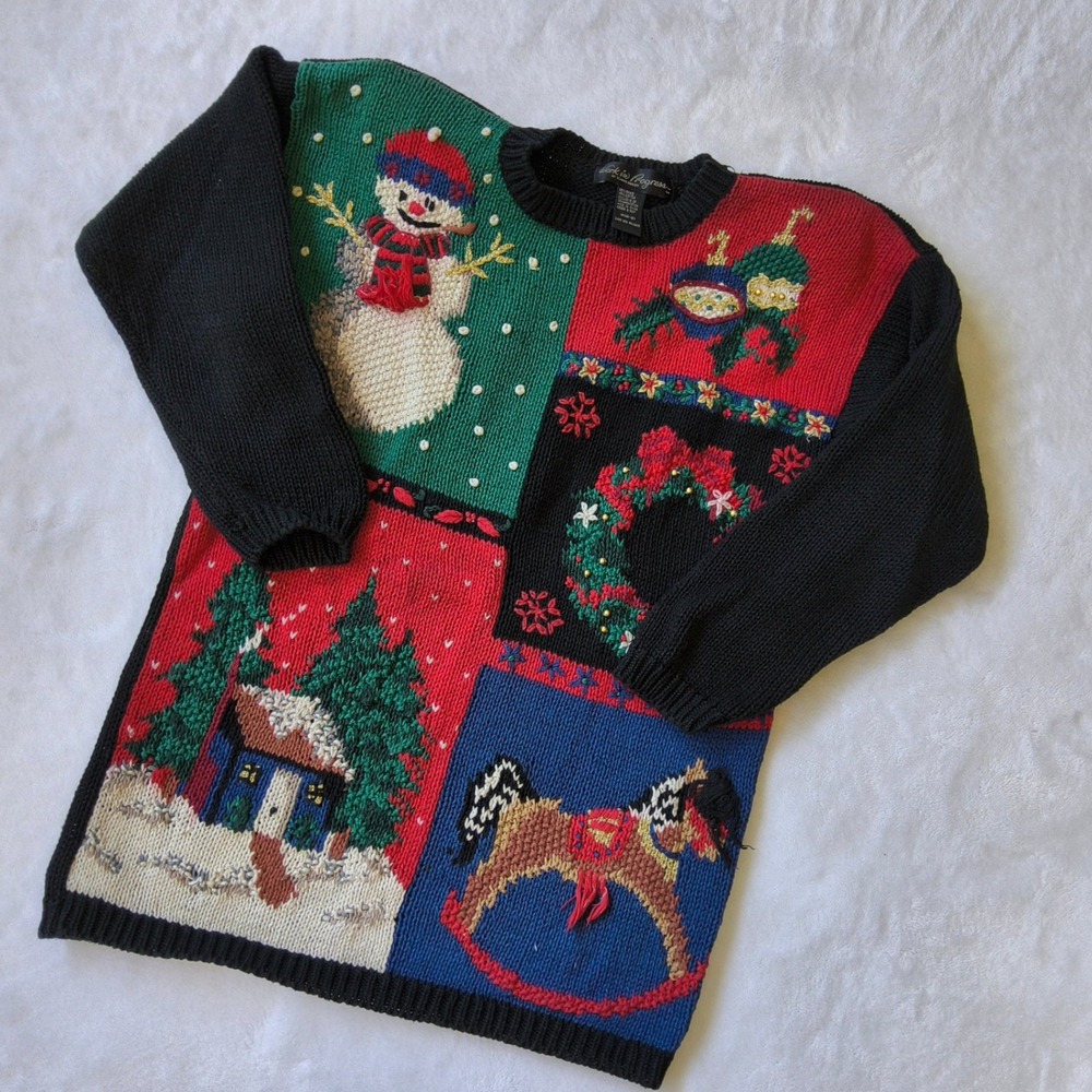 Work In Progress Kniit Holiday Sweater Womens Medium Patchwork Christmas Vintage